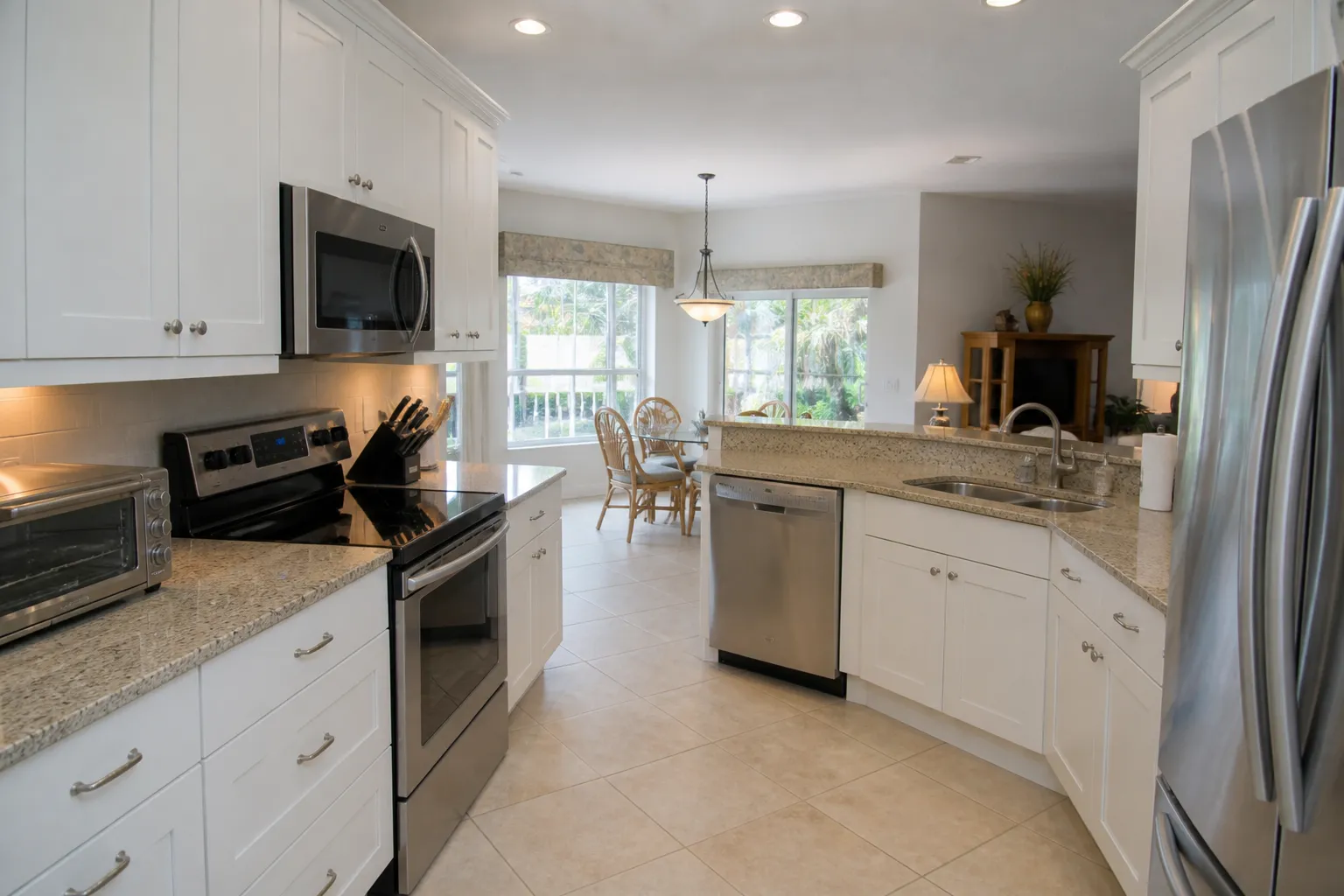 Finished white shaker kitchen cabinets in a Tampa Bay home after professional refinishing