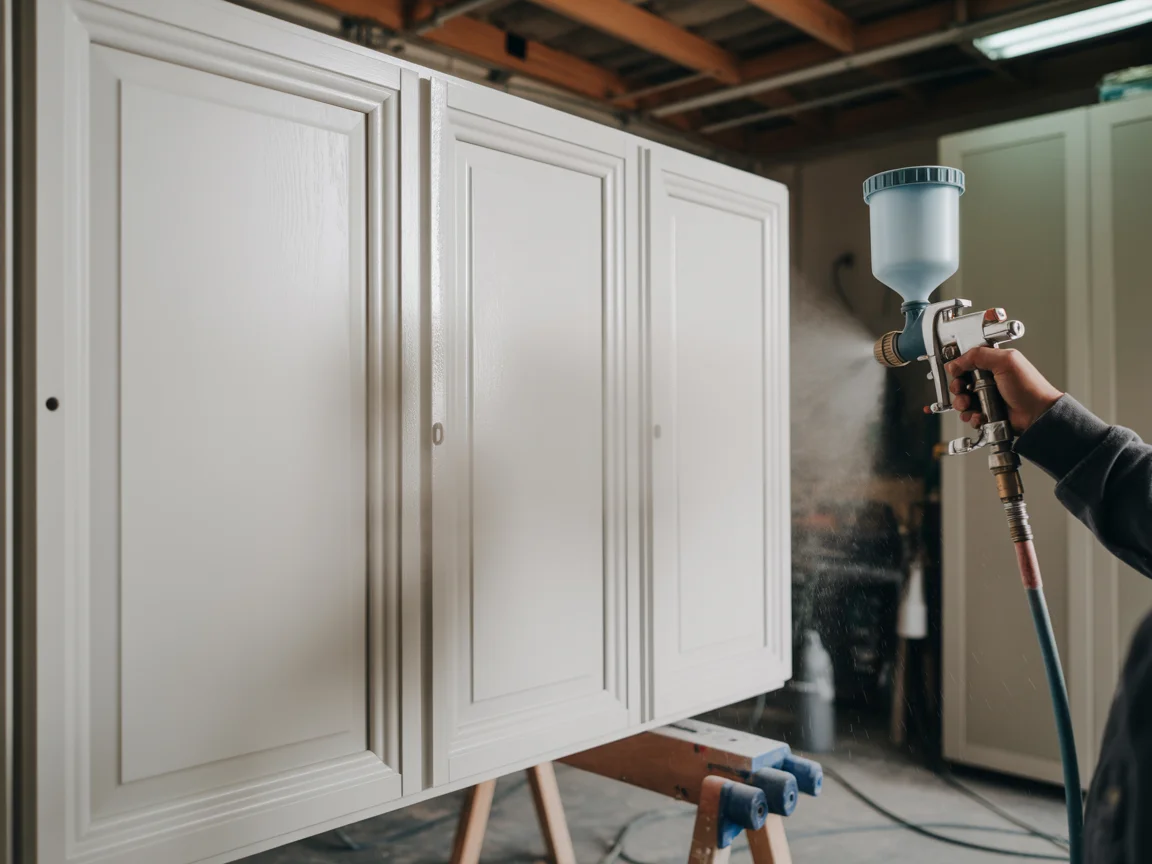 Cabinet doors being spray-finished for a smooth, factory-quality result