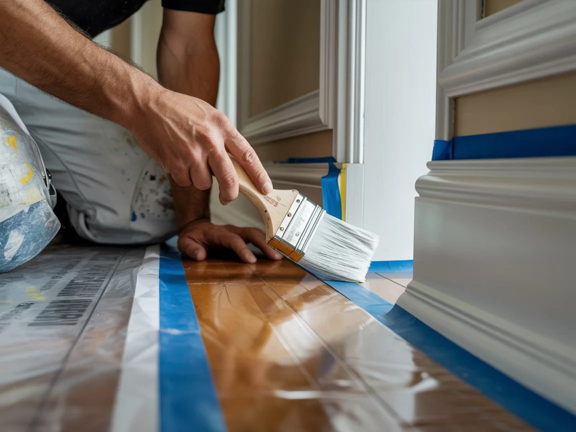 Skilled Tampa painter cutting in clean trim lines on an interior repaint