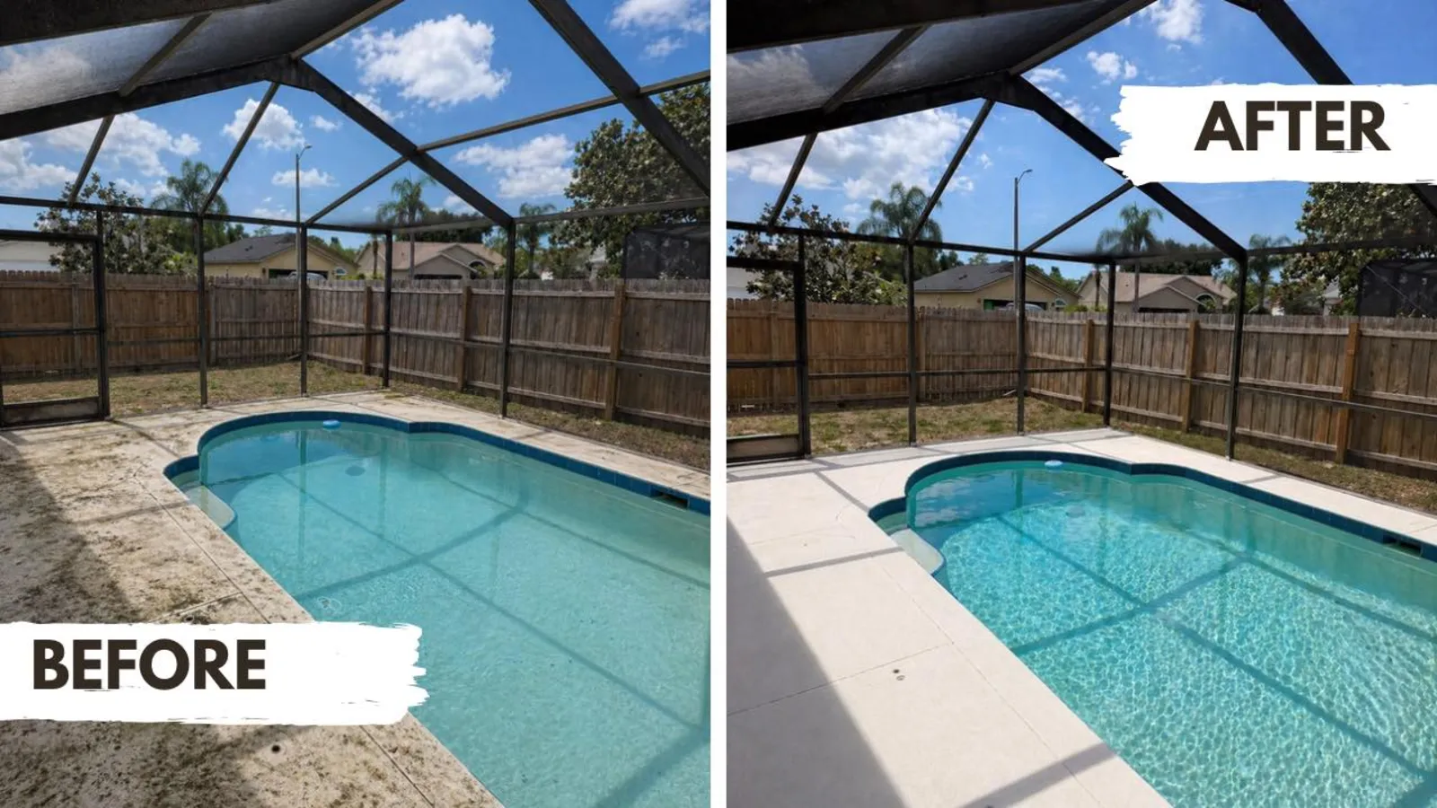 Pool deck pressure washing and painting before and after in Tampa Bay by Westchase Painting Company