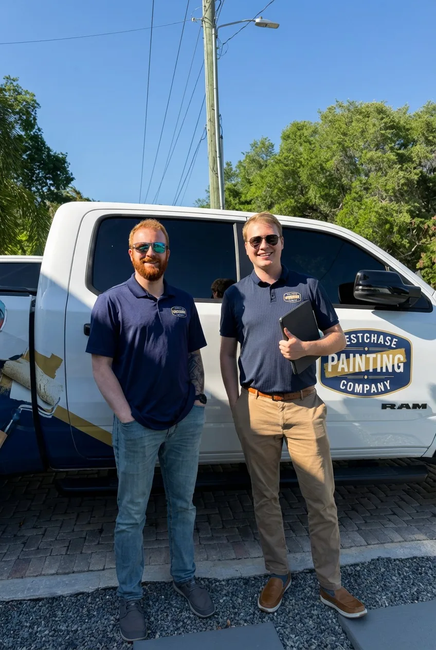 John Tortorich (left) and Will Hamilton (right) in front of the Westchase Painting Company truck at a Tampa Bay jobsite